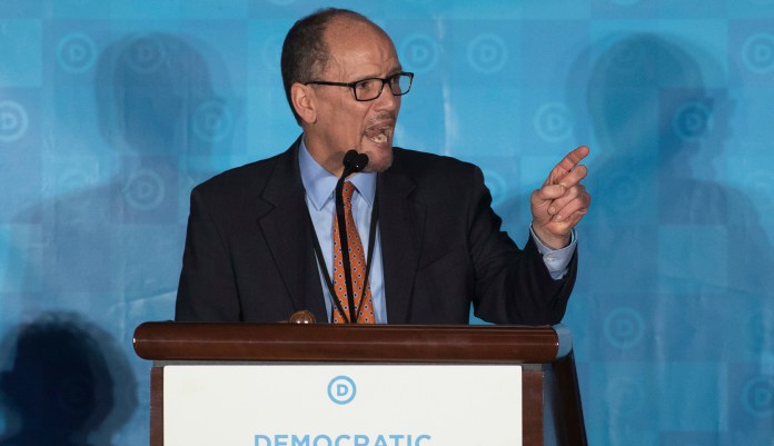 "Sen. Al Franken should step down," Democratic National Committee Chairman Tom Perez tweeted. "Everyone must share the responsibility of building a culture of trust and respect for women in every industry and workplace, and that includes our party."(AP Photo/Branden Camp)