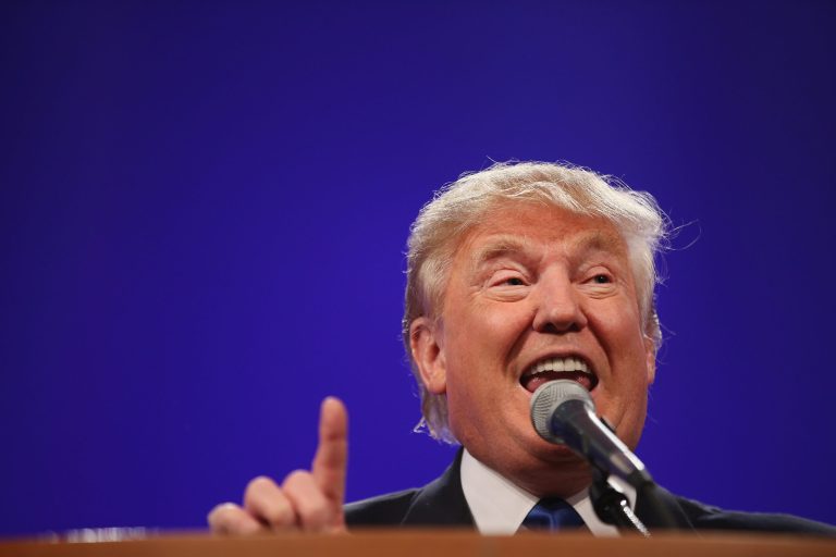 Donald Trump speaks to guests gathered for the Republican Party of Iowa's Lincoln Dinner at the Iowa Events Center on May 16, 2015 in Des Moines, Iowa. (Photo by Scott Olson/Getty Images)