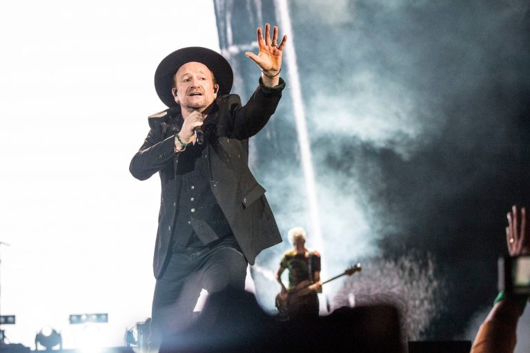 Bono of U2, performing here at the Bonnaroo Music and Arts Festival on June 9 in Manchester, Tenn, offered encouragement to House Majority Whip Steve Scalise in a video shared to the wounded congressman's account Tuesday. (Photo by Amy Harris/Invision/AP)