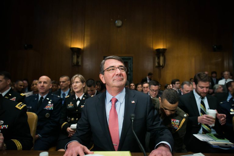 Secretary of Defense Ashton Carter arrives on Capitol Hill in Washington, May 6, 2015, to testify before a Defense Subcommittee hearing. (Graeme Jennings/Examiner)