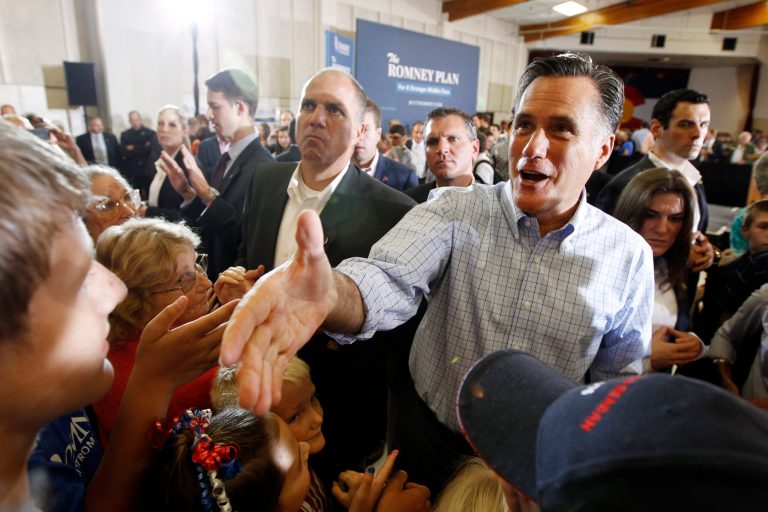 This photo taken Aug. 2, 2012 shows Republican presidential candidate, former Massachusetts Gov. Mitt Romney campaigning in Golden, Colo. Undecided voters in swing states hold the key to the presidential election, but thereâs no obvious recipe for winning them over. Fridayâs new jobs report, even if dismal, might do little to help challenger Mitt Romney with this group. (AP Photo/Charles Dharapak)