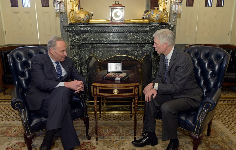 Senate Minority Leader Chuck Schumer meets with Supreme Court nominee Neil Gorsuch on Capitol Hill in Washington. Schumer said Gorsuch will have to overcome a 
