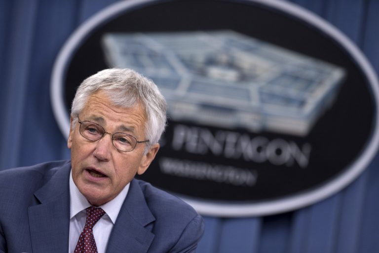   FILE - In this July 31, 2013 file photo, U.S. Defense Secretary Chuck Hagel speaks at a Pentagon news conference in Washington. Hagel will meet for the first time with China's Minister of National Defense Gen. Chang Wanquan at the Pentagon on Monday, Aug. 19. Hagel is presiding over a Pentagon making a deliberate 