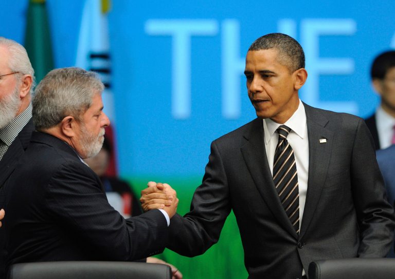 President Obama shakes hands with then-Brazilian President Luiz Inacio Lula da Silva during the opening plenary session of the G20 Summit in Seoul, South Korea, in November 2010. (AP Photo/Eric Feferberg, Poo
