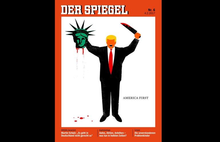 The latest issue of Der Spiegel, a German magazine popular throughout Europe, portrays President Trump cutting off the head of the Statue of Liberty.