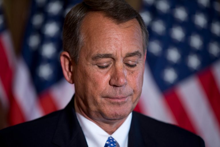 House Speaker John Boehner of Ohio pauses while speaking about the ongoing budget battle, Tuesday, Oct. 8, 2013, outside his office on Capitol Hill  in Washington. President Barack Obama stepped up pressure Tuesday on Boehner to hold votes to reopen the federal government and prevent a potentially disastrous U.S. government default. Obama spoke to reporters at the White House a few hours after calling Boehner and urging him to drop demands that the votes be tied to Republican demands for dismantling Obama's health care law and cutting federal spending.  (AP Photo/ Evan Vucci)