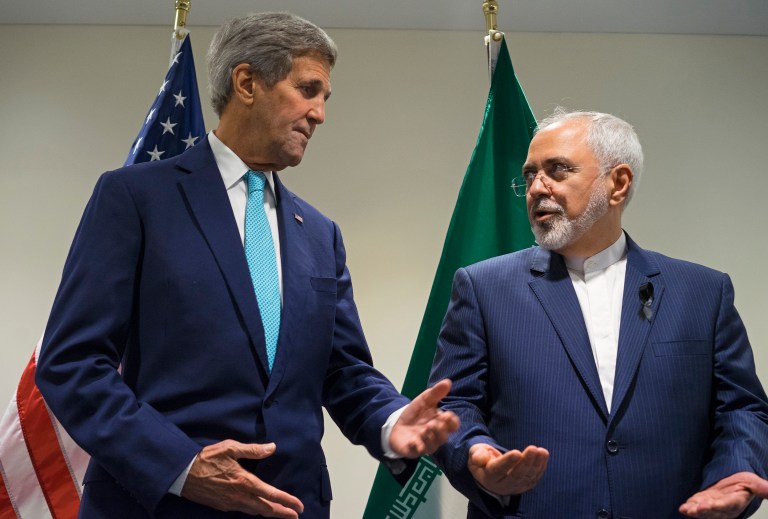 Secretary of State John Kerry, left, meeting with Iranian Foreign Minister Mohammad Javad Zarif at United Nations headquarters. Kerry announced his departments' new human rights reports for 2015, a summary of which only included language about how Iran is not cooperating with NGOs on 