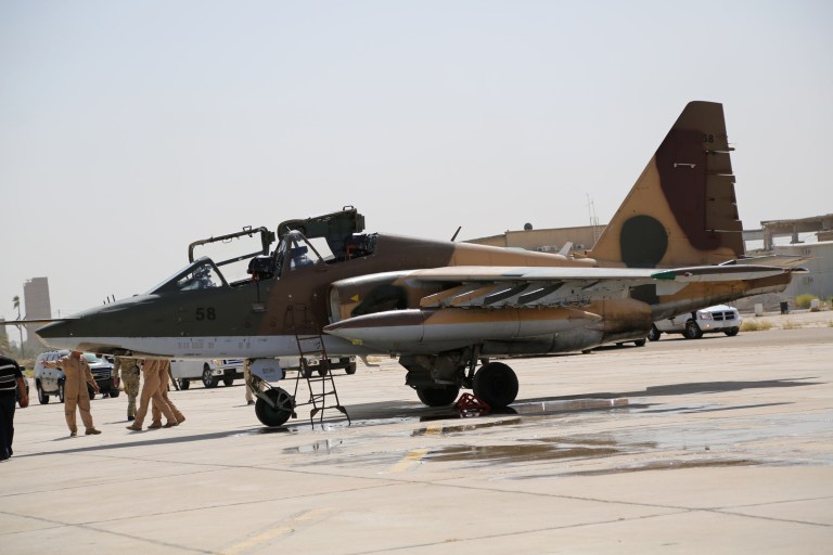 A Russian fighter jet arrives at al-Muthanna air base in Baghdad, Iraq, Tuesday, July 1, 2014. Iraq is increasingly turning to other governments like Iran, Russia and Syria to help beat back a rampant insurgency because it cannot wait for additional American military aid, Baghdad's top envoy to the U.S. said Tuesday.(AP Photo)