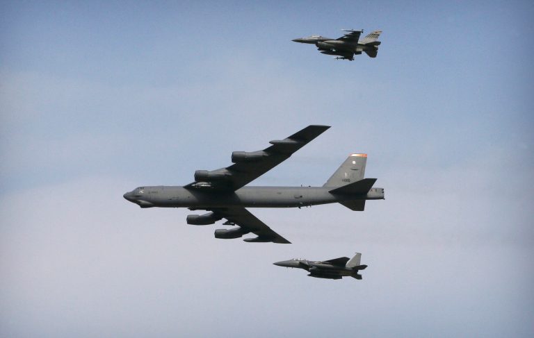 A B-52 bomber, shown here as it flies over South Korea, bombed an area where a Navy SEAL was killed by Islamic State fighters, and killed about 40 of those fighters, according to U.S. officials. (AP Photo/Ahn Young-joon)