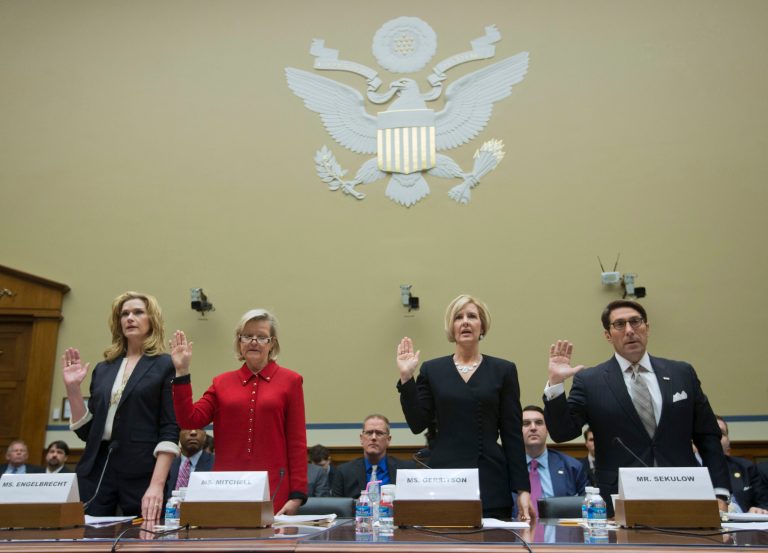 From left, Catherine Engelbrecht, founder of King Street Patriots; Cleta Mitchell, Partner Foley and Lardner LLP; Becky Gerritson, founder and President Wetumpka Tea Party, Inc.; and Jay Sekulow, Chief Counsel American Center for Law and Justice, are sworn-in on Capitol Hill in Washington, Thursday, Feb. 6, 2014. prior to testifying before the House subcommittee on Economic Growth subcommittee's hearing investigating the Justice Department's investigation into the IRS abuse scandal. (AP Photo/Pablo Martinez Monsivais)