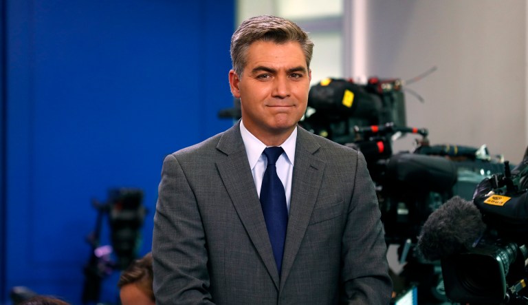 In his battle with Acosta, Stephen Miller pointed out that the poem on the Statue of Liberty is not an official policy document. (AP Photo/Alex Brandon)