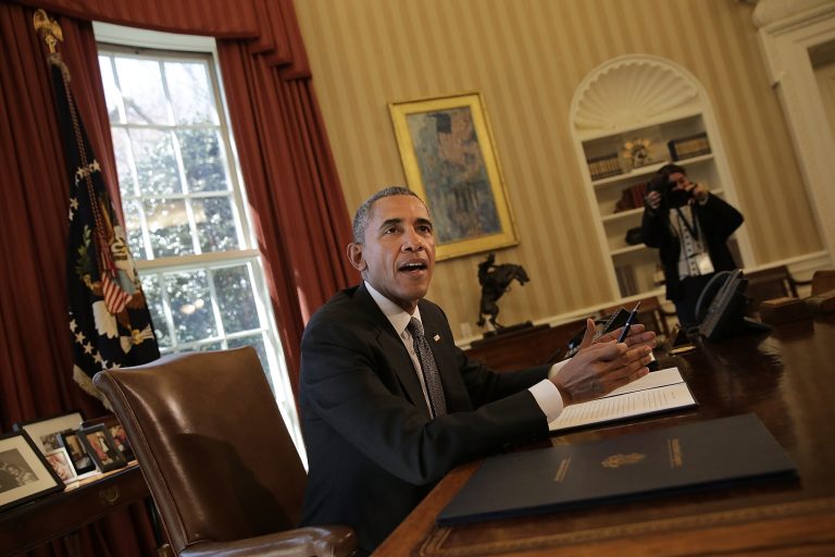 President Obama speaks to members of the press in the Oval Office on March 31, 2015 in Washington. (Photo by Win McNamee/Getty Images)