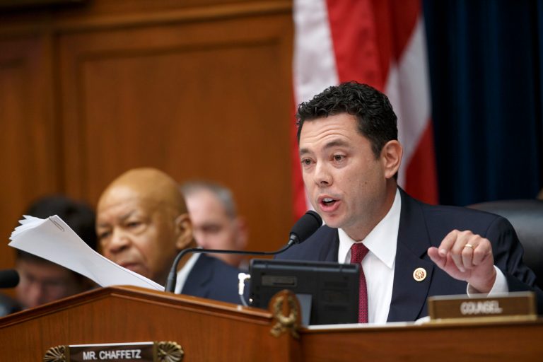 In this Sept. 30, 2014, file photo, House Oversight Committee member Rep. Jason Chaffetz, R-Utah, leads the questioning of then-Secret Service Director Julia Pierson as the committee examines details surrounding a security breach at the White House on Capitol Hill in Washington. (AP Photo/J. Scott Applewhite)