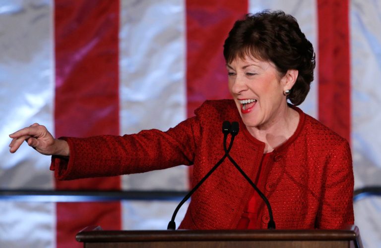 Sen. Susan Collins, R-Maine, speaks to supporters at her election night headquarters before the polls closed,Tuesday, Nov. 4, 2014, in Portland, Maine. (AP Photo/Bill Sikes)