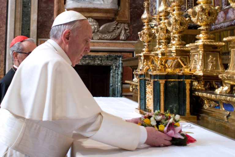 Jorge Mario Bergoglio attends his first private Mass as Pope Francis in the Basilica of Santa Maria Maggiore on March 14, 2013 in Rome, Italy. (Photo by Servizio Fotografico L'Osservatore Romano via Getty Images)