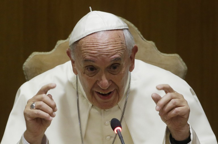 Pope Francis delivers a speech at the Vatican, Tuesday. (AP Photo/Gregorio Borgia)