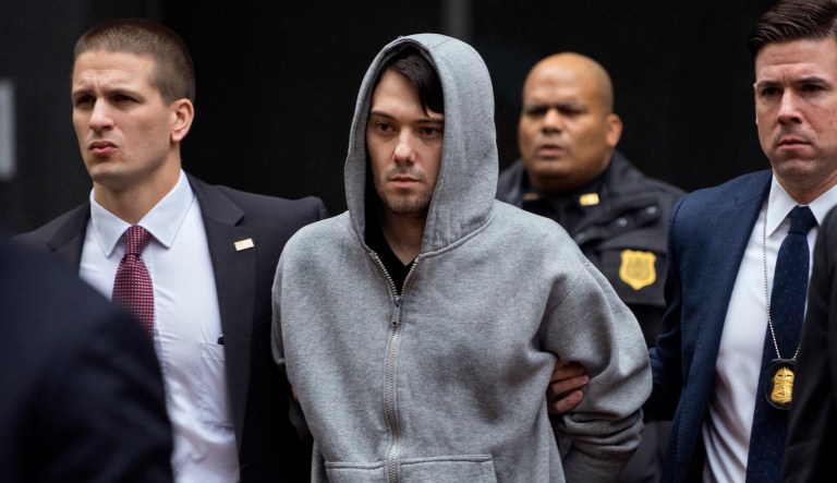 Martin Shkreli, the former hedge fund manager under fire for buying a pharmaceutical company and ratcheting up the price of a life-saving drug, has been found guilty of wire fraud and securities fraud. (AP Photo/Craig Ruttle)