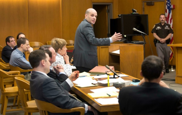 Defense lawyer Jesse Friedman looks at the prosecutors table during motion hearings for Nathaniel Kibby in Belknap County Superior Court Wednesday, May 11, 2016, in Laconia, N.H. (AP Photo/Jim Cole)