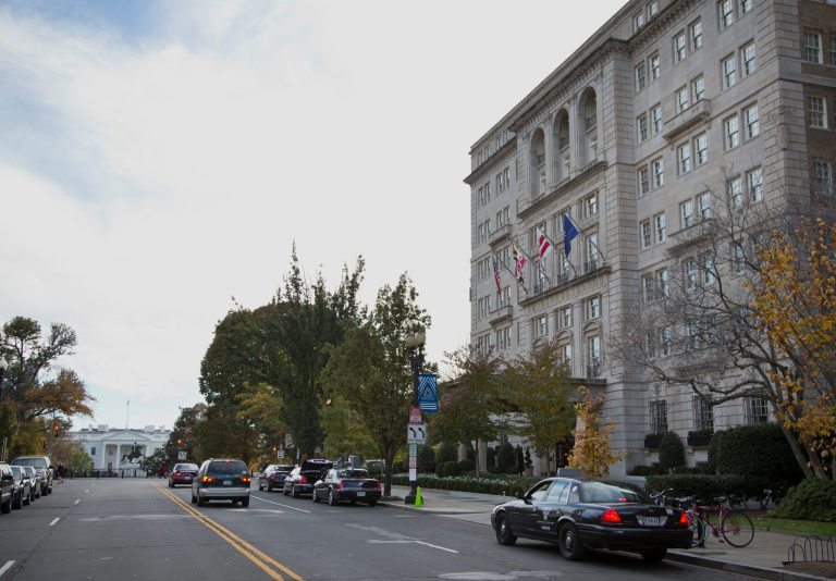 A view of the Hay Adams Hotel, right, looking toward the White House in Washington, Thursday, Nov. 14, 2013. Two U.S. Secret Service officers are under investigation and have been removed from President Barack Obama's detail following allegations of misconduct, according to The Washington Post. The investigation stems from an incident during the spring at the Hay-Adams Hotel, an upscale hotel steps away from the White House, involving a senior supervisor responsible for about two dozen agents in the presidential security detail. (AP Photo/ Evan Vucci)