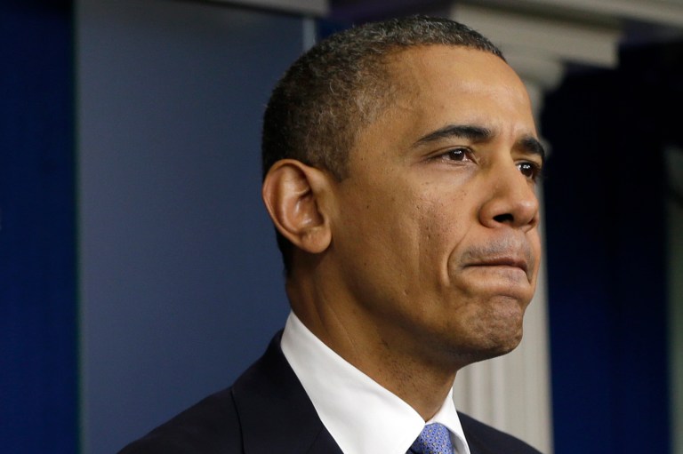 President Barack Obama pauses in the White House Briefing Room in Washington, on Monday, Oct. 29, 2012, where he spoke after returning to the White House from a campaign stop in Florida to monitor Hurricane Sandy.  (AP Photo/Jacquelyn Martin)