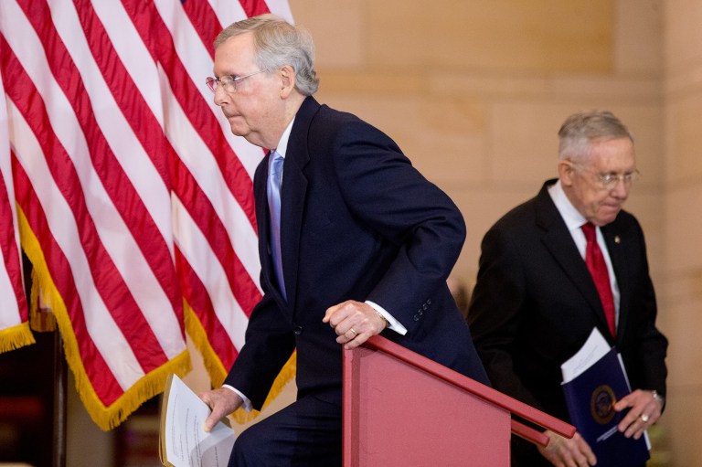 The back-and-forth showed that Senate Majority Leader Mitch McConnell and Senate Minority Leader Sen. Harry Reid are clearly aware of the larger political stakes of these debates. (AP Photo/Andrew Harnik)