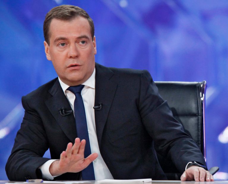   Russian Prime Minister Dmitry Medvedev speaks during live televised interview from Moscow's Ostankino TV Center on Friday, Dec. 7, 2012. (AP Photo/RIA Novosti, Dmitry Astakhov, Government Press Service)  
