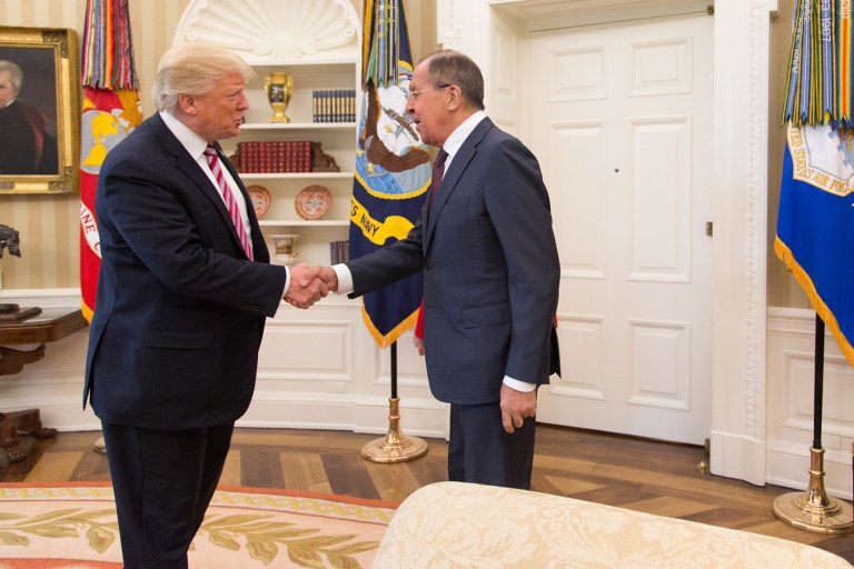 President Donald Trump speaks with Russian Foreign Minister Sergey Lavrov in the Oval Office, Wednesday, May 10, 2017, at the White House in Washington, D.C. (Official White House Photo by Shealah Craighead)
