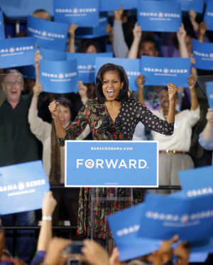 First lady Michelle Obama speaks to supporters during a campaign event at the Loudoun County Fairgrounds, October 9 2012, in Leesburg, Va. (AP Photo/Pablo Martinez Monsivais)