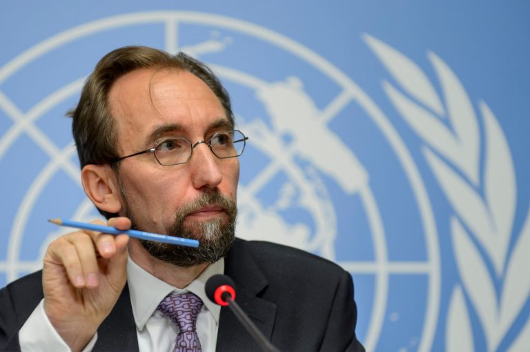 U.N. High Commissioner for Human Rights Jordan's Zeid Raad al-Hussein speaks during a news conference at the European headquarters of the United Nations in Geneva, Switzerland, Thursday, Oct. 16, 2014. Zeid drew comparisons between the Ebola outbreak and the Islamic State group Thursday, labeling them 