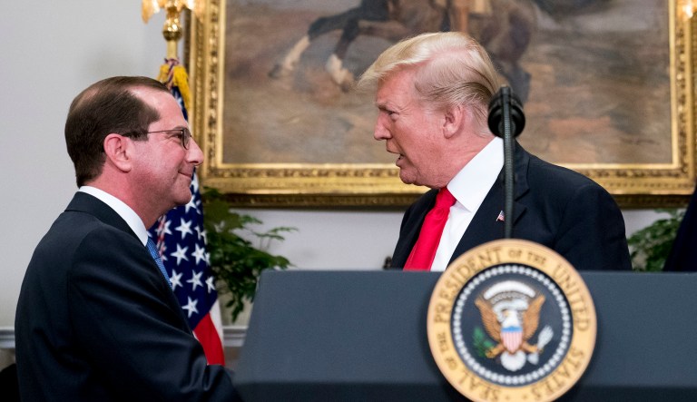 The president emphasized that Alex Azar would tackle opioids and prescription drug prices. (AP Photo/Andrew Harnik)