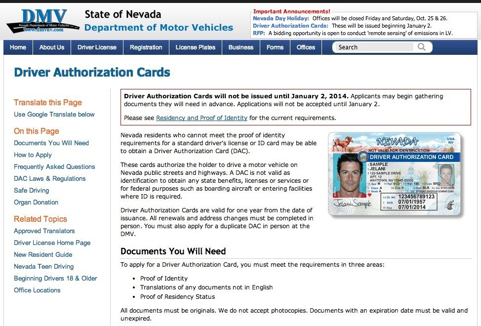 Nevada DMV launches Web link for driver cards