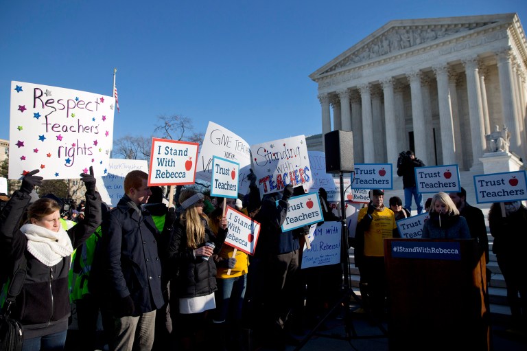 The plaintiffs in Friedrichs v. California Teachers Association say issue of union fees for workers in public-sector unions is too important for a 4-4 decision. (AP Photo/Jacquelyn Martin)