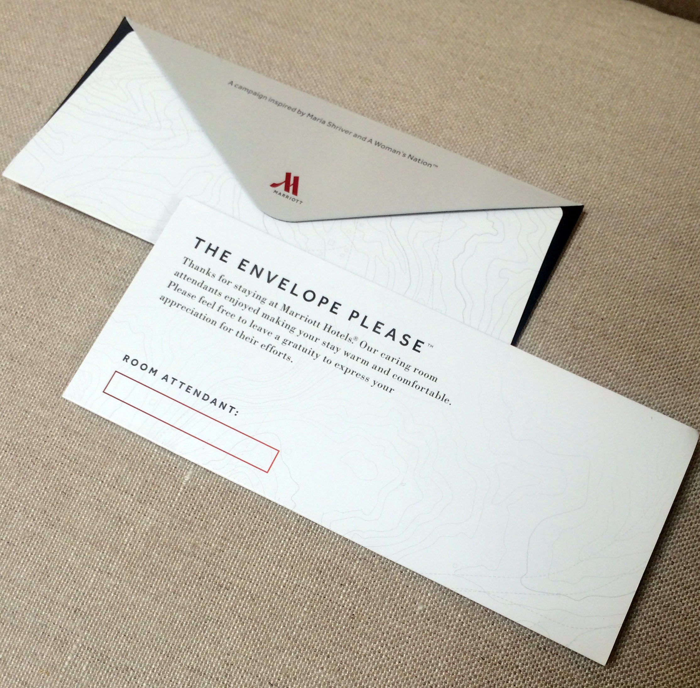 Envelopes in Marriott hotels invite tips for maids