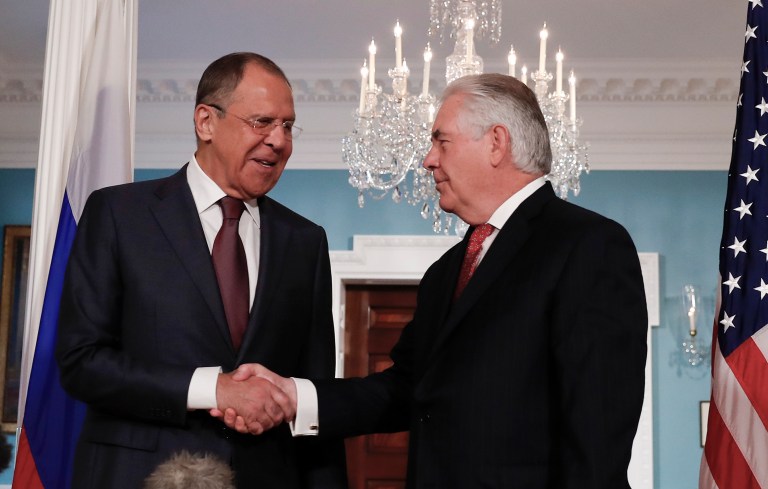 Secretary of State Rex Tillerson met Sunday with Russian Foreign Minister Sergey Lavrov, marking the first time the two held formal talks since the U.S. imposed new sanctions on the country. (AP Photo/Carolyn Kaster)