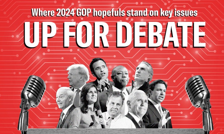 2024 hopefuls: Back from from left to right Donald Trump, Vivek Ramaswamy, Tim Scott, Doug Burgum; from row left to right Asa Hutchinson, Nikki Haley, Chris Christie, Mike Pence, Ron DeSantis