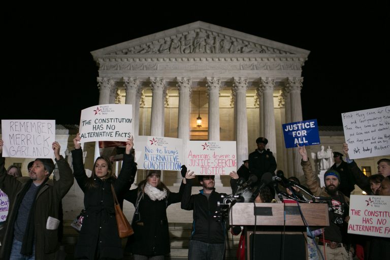 Protesters gather in front of the Supreme Court in Washington, Tuesday, January 31, 2017, after President Donald Trump nominated Neil Gorsuch for a Supreme Court Seat. (Graeme Jennings/Washington Examiner)