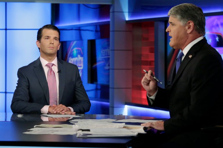 Donald Trump Jr., interviewed by host Sean Hannity on hFox News Tuesday, said that in retrospect he might have handled things somewhat differently but that the meeting was inconsequential. (AP Photo/Richard Drew)