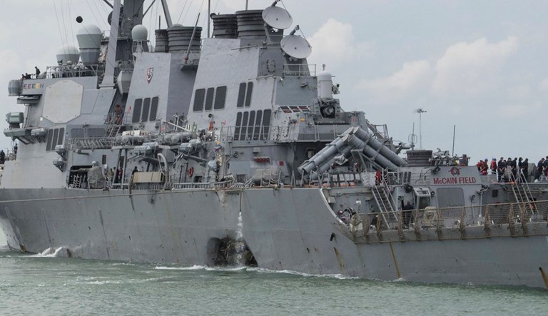 The guided-missile destroyer USS John S. McCain collided with a merchant vessel while underway east of the Straits of Malacca and Singapore. The Navy will soon need to request additional funding from Congress to cover an estimated $600 million to repair damaged destroyers. (Mass Communication Specialist 2nd Class Joshua Fulton/U.S. Navy via AP, File)