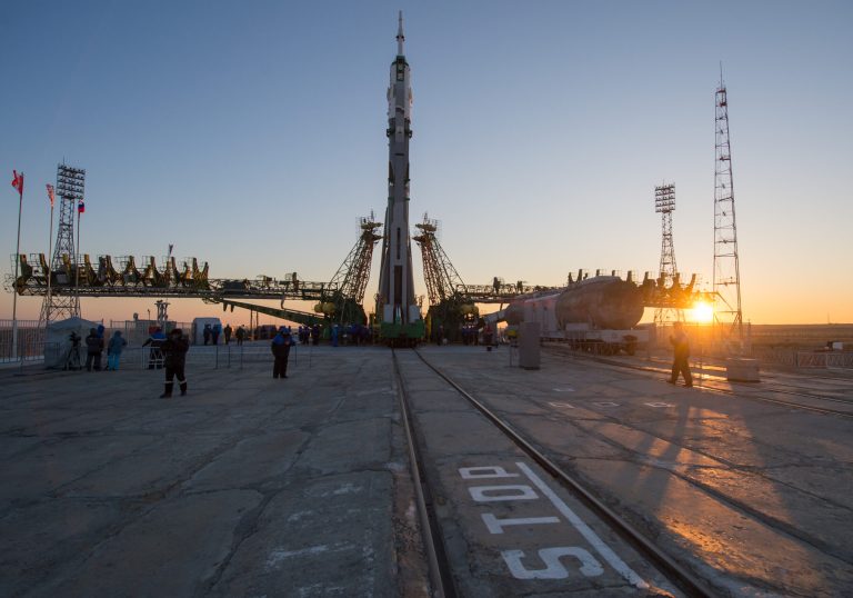   In this photo provided by NASA, the Soyuz rocket is erected into position after being rolled out to the launch pad by train at the Baikonur Cosmodrome in Kazakhstan, Monday, Dec. 17, 2012. The Soyuz spacecraft atop a towering rocket was placed into launch position Monday at Russia's manned-space facility in the freezing, windswept steppes of Kazakhstan ahead of a five-month mission for three astronauts to the International Space Station. The launch of the Soyuz rocket is scheduled for Dec. 19, 2012. (AP Photo /NASA, Carla Cioffi)  