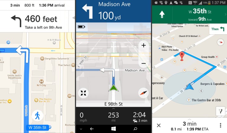 This combination of screen shots shows mapping apps, from left, Apple Maps for iPhones, Microsoft Here for Lumia-branded Windows phones, and Google Maps for Android. Mapping apps have grown more sophisticated in the last five years. (AP Photo)