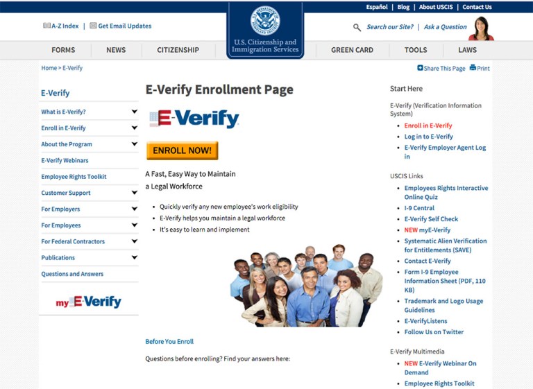 Recently, USCIS has made a number of improvements to its E-Verify page. (Screenshot)