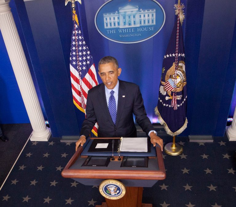 President Barack Obama speaks about the situation in Iraq, Thursday, June 19, 2014, in the Brady Press Briefing Room of the White House in Washington. Obama said the US will send up to 300 military advisers to Iraq, set up joint operation centers. (AP Photo/Pablo Martinez Monsivais)