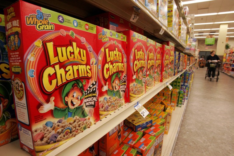 A shelf of General Mills Lucky Charms cereal in a Giant Eagle grocery in Pittsburgh on Thursday, Sept 21, 2006. (AP Photo/Gene J. Puskar)