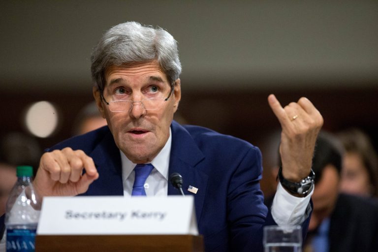 Secretary of State John Kerry testifies on Capitol Hill in Washington, Wednesday, July 29, 2015, before the Senate Armed Services Committee hearing on the impacts of the Joint Comprehensive Plan of Action (JCPOA) on U.S. Interests and the Military Balance in the Middle East. (AP Photo/Andrew Harnik)