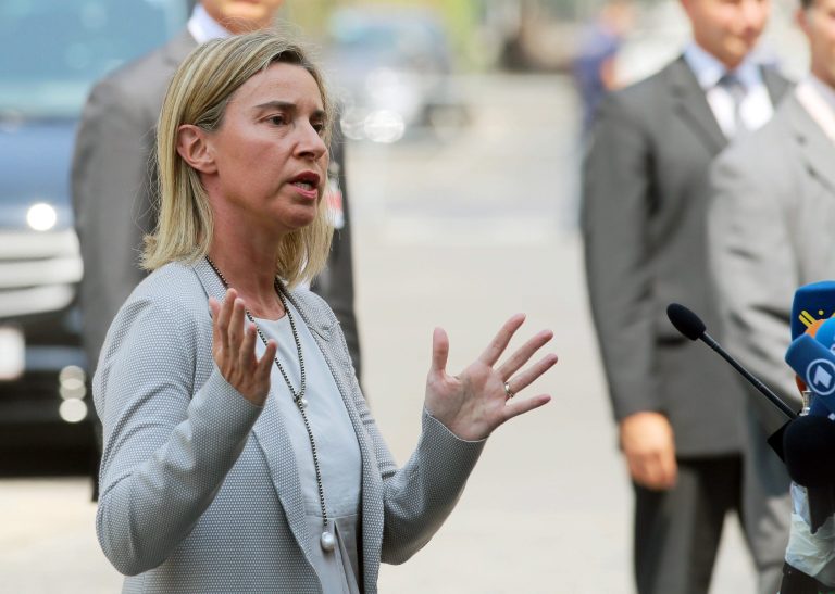 European Union High Representative Federica Mogherini talks to media in front of Palais Coburg where closed-door nuclear talks with Iran take place in Vienna, Austria, Tuesday, July 7, 2015. Associated Press.Â 