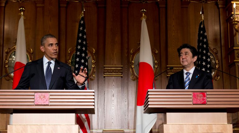 President Barack Obama, left, and Japanese Prime Minister Shinzo Abe participate in a joint news conference at the Akasaka State Guest House in Tokyo, Thursday, April 24, 2014. Obama is seeking to reassure Japanese leaders Thursday that he can deliver on his security and economic pledges to Asia even as the crisis in Ukraine demands U.S. attention and resources elsewhere. (AP Photo/Carolyn Kaster)