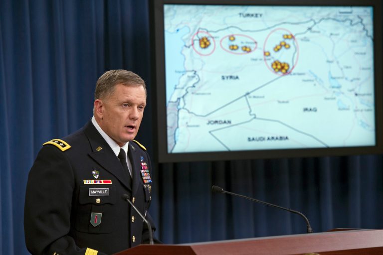 FILE - In this Tuesday, Sept. 23, 2014, file photo,  Army Lt. Gen. William Mayville, Jr., Director of Operations J3, speaks about the operations in Syria during a news conference at the Pentagon. According to current and former U.S. officials, the Pentagon is grappling with significant intelligence gaps as it bombs Iraq and Syria, and it is operating under less restrictive targeting rules than those President Barack Obama imposed on the CIA drone campaign in Pakistan and Yemen. (AP Photo/Cliff Owen, File)