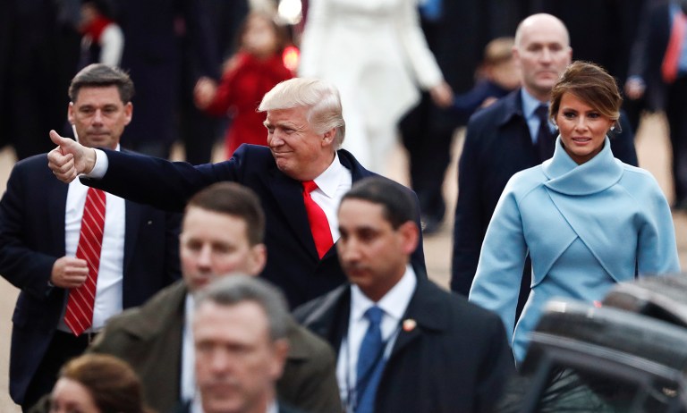 President Donald Trump and first lady Melania Trump walk alone the Inauguration Day Parade Route in Washington, Friday, Jan. 20, 2017, after being sworn in as the 45th president of the United States. (AP Photo/Carolyn Kaster)