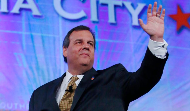 New Jersey Gov. Chris Christie waves to the audience after speaking at the Southern Republican Leadership Conference in Oklahoma City, Friday, May 22, 2015. (AP Photo/Alonzo Adams)