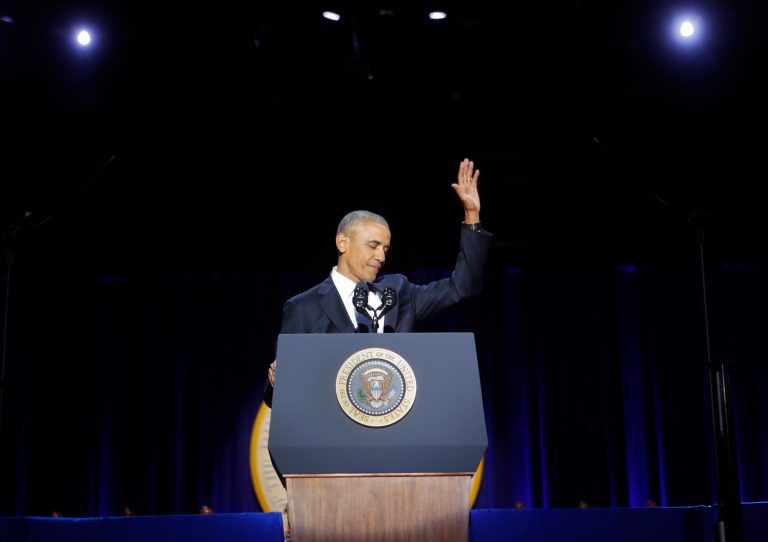 President Barack Obama waves after the conclusion of his farewell address at McCormick Place in Chicago, Tuesday, Jan. 10, 2017. (AP Photo/Pablo Martinez Monsivais)